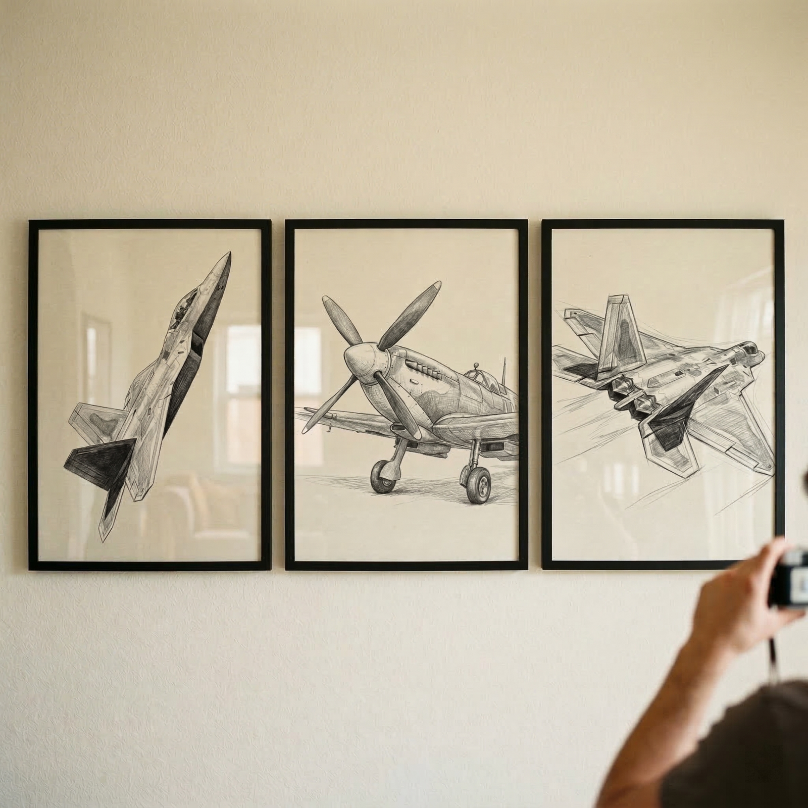 Three vertically oriented sketches of aircraft are displayed in black frames on a plain, neutral-toned wall. The sketch on the left depicts a modern, sleek stealth jet fighter in a dynamic, banking maneuver. The center sketch features a vintage propeller-driven airplane viewed from the front while stationary. The sketch on the right shows another modern jet fighter in flight, viewed from a high rear angle.