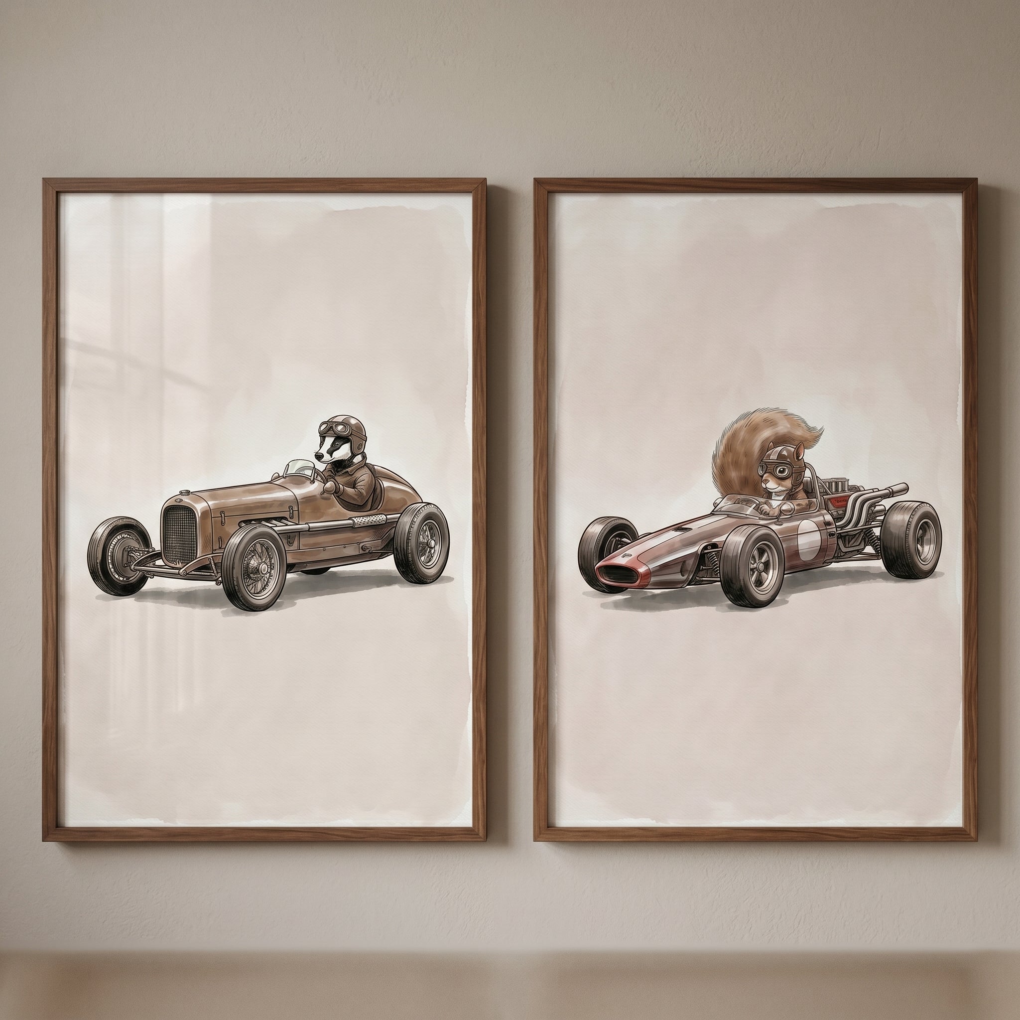 Aviator Leather Racing Animal Wall Art Set of 2 - Vintage Speed Racers