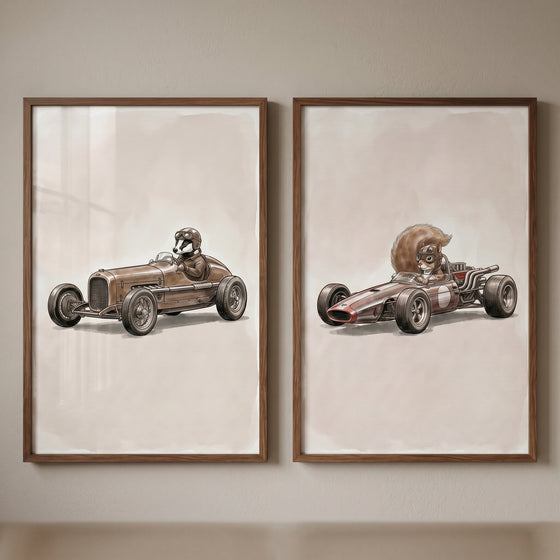 Aviator leather racing animal wall art set of 2 features a badger and squirrel driving vintage race cars.