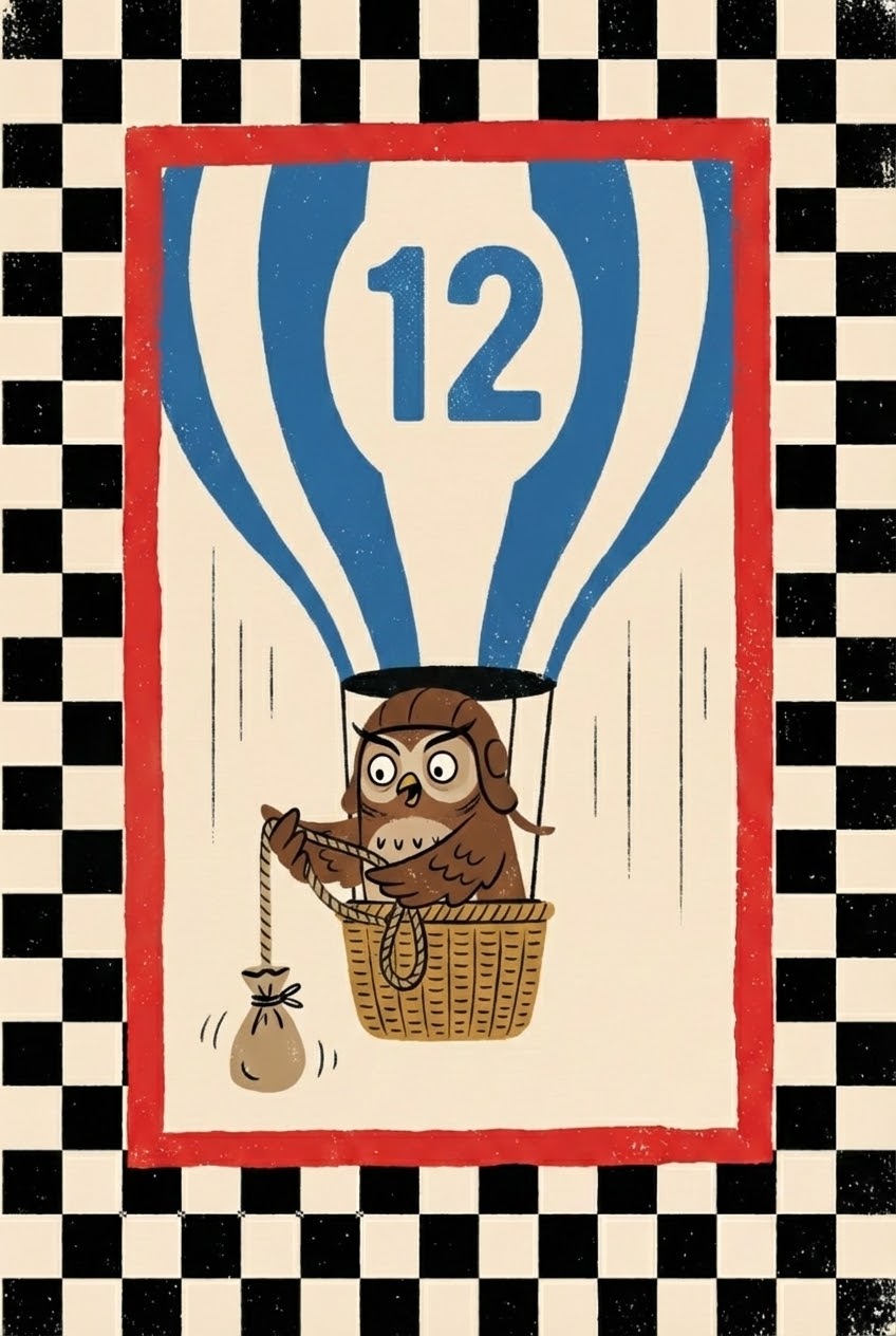 Illustration of a brown owl in a wicker basket under a blue-and-white hot air balloon marked with the number 12, dropping a small sandbag, framed in red with a checkerboard border.
