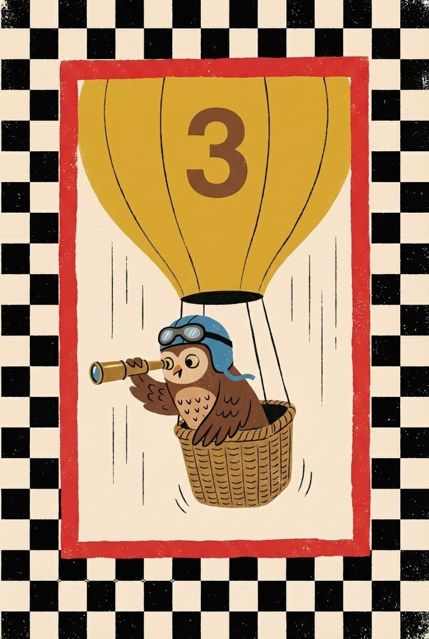 Illustration of a brown owl wearing flight goggles and a blue aviator cap, flying in a yellow hot air balloon labeled with the number 3 while peering through a telescope.