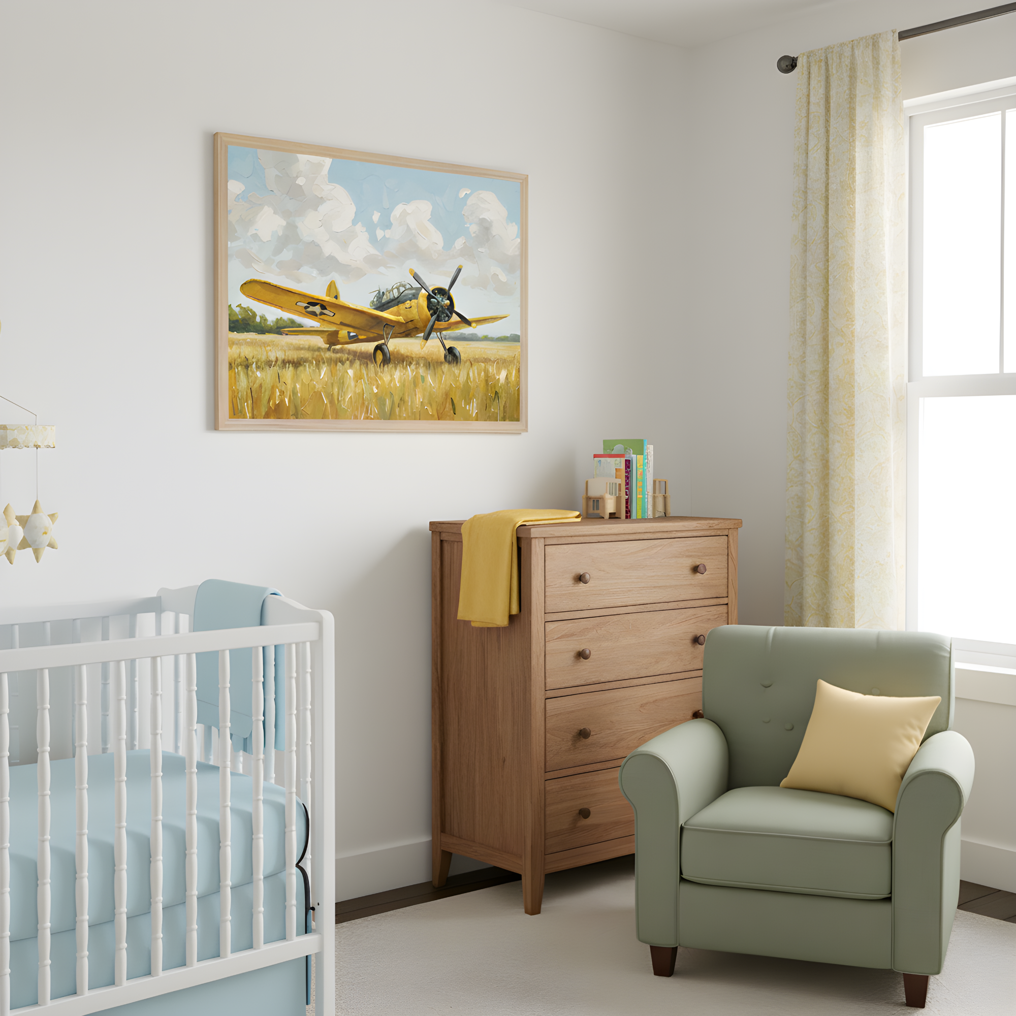 Bright nursery features a framed painting of a vintage yellow military plane resting in a golden wheat field beneath a sky of fluffy clouds. The room includes a white crib with pale blue bedding, a wooden dresser topped with books and toys, and a soft green armchair with a yellow pillow, creating a cozy, aviation-inspired space.
