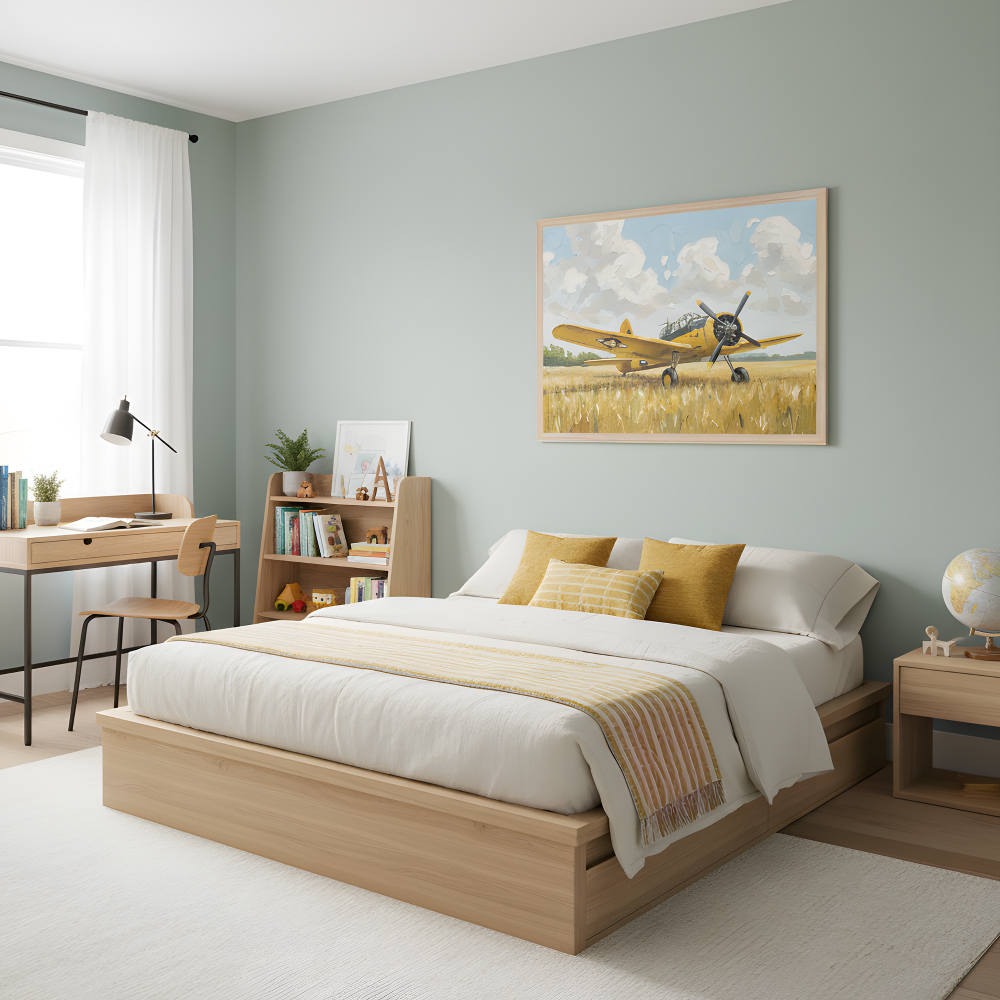 A spacious, light-filled bedroom features a framed painting of a yellow vintage airplane resting in a golden field beneath a sky filled with fluffy clouds. The room includes a modern wooden bed with white and mustard yellow bedding, a matching desk and nightstand, and a bookshelf with books and toys, creating a cozy, aviation-themed space with natural warmth.