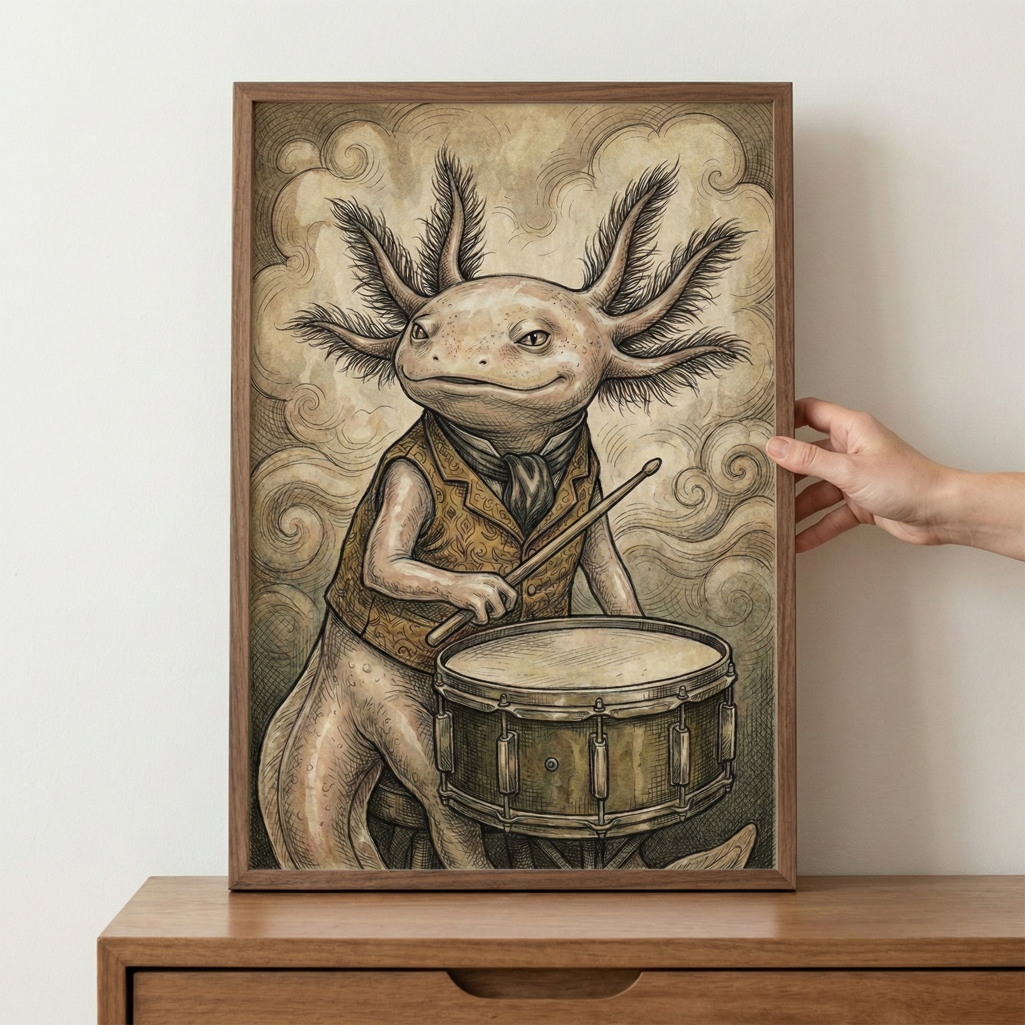 Framed illustration of an axolotl wearing a patterned vest and cravat, confidently playing a snare drum with drumsticks. The whimsical background features swirling clouds in muted sepia tones, adding to the vintage and imaginative character of the artwork.