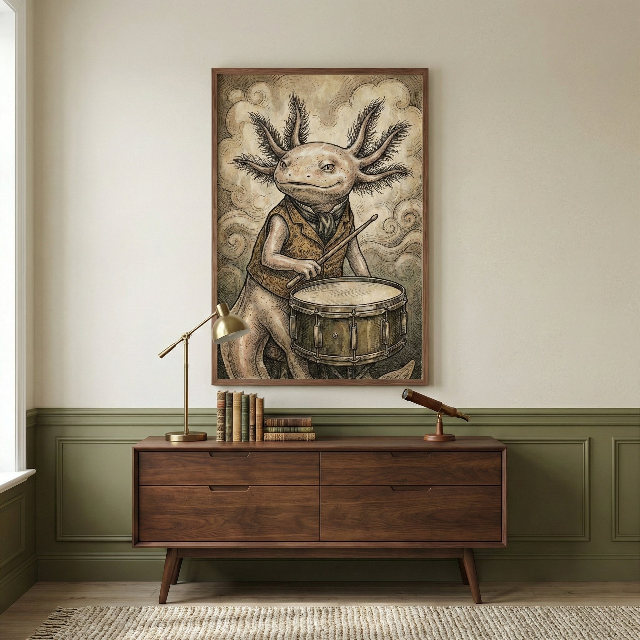 Stylish interior featuring a large framed illustration of an axolotl in a patterned vest and cravat playing a snare drum, surrounded by swirling smoke-like patterns. The setting includes a mid-century modern wooden console, vintage books, a brass desk lamp, and a small telescope, blending whimsical art with classic decor.
