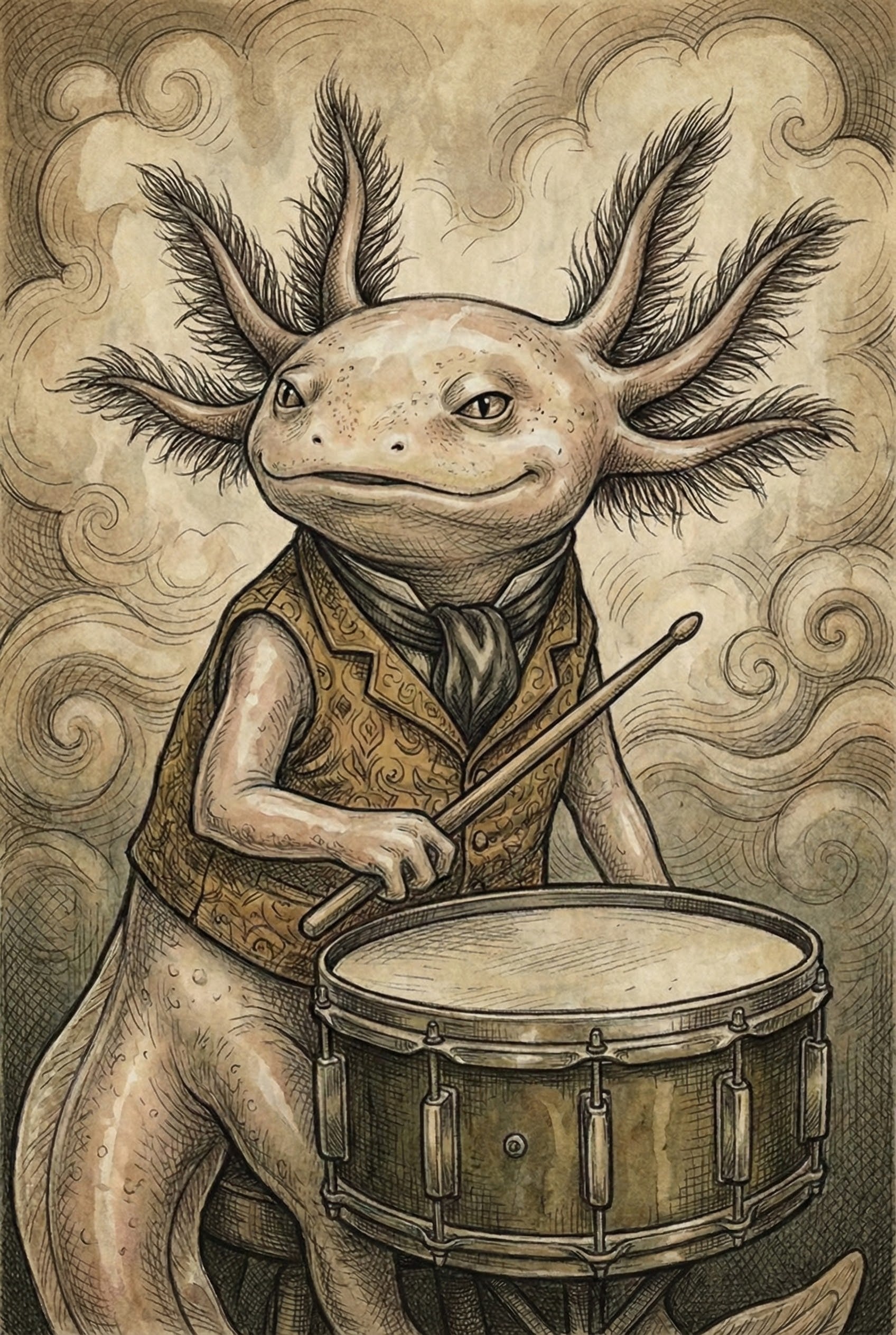 A dapper axolotl wearing a patterned gold vest and cravat plays a snare drum with a poised expression. The illustration features swirling, whimsical lines in the background, giving the scene a vintage, storybook vibe.