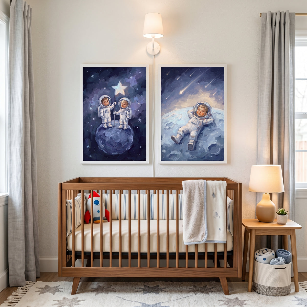 Azure Moonlit Baby Astronaut Wall Art Set of 2 - Celestial Childhood Dreams