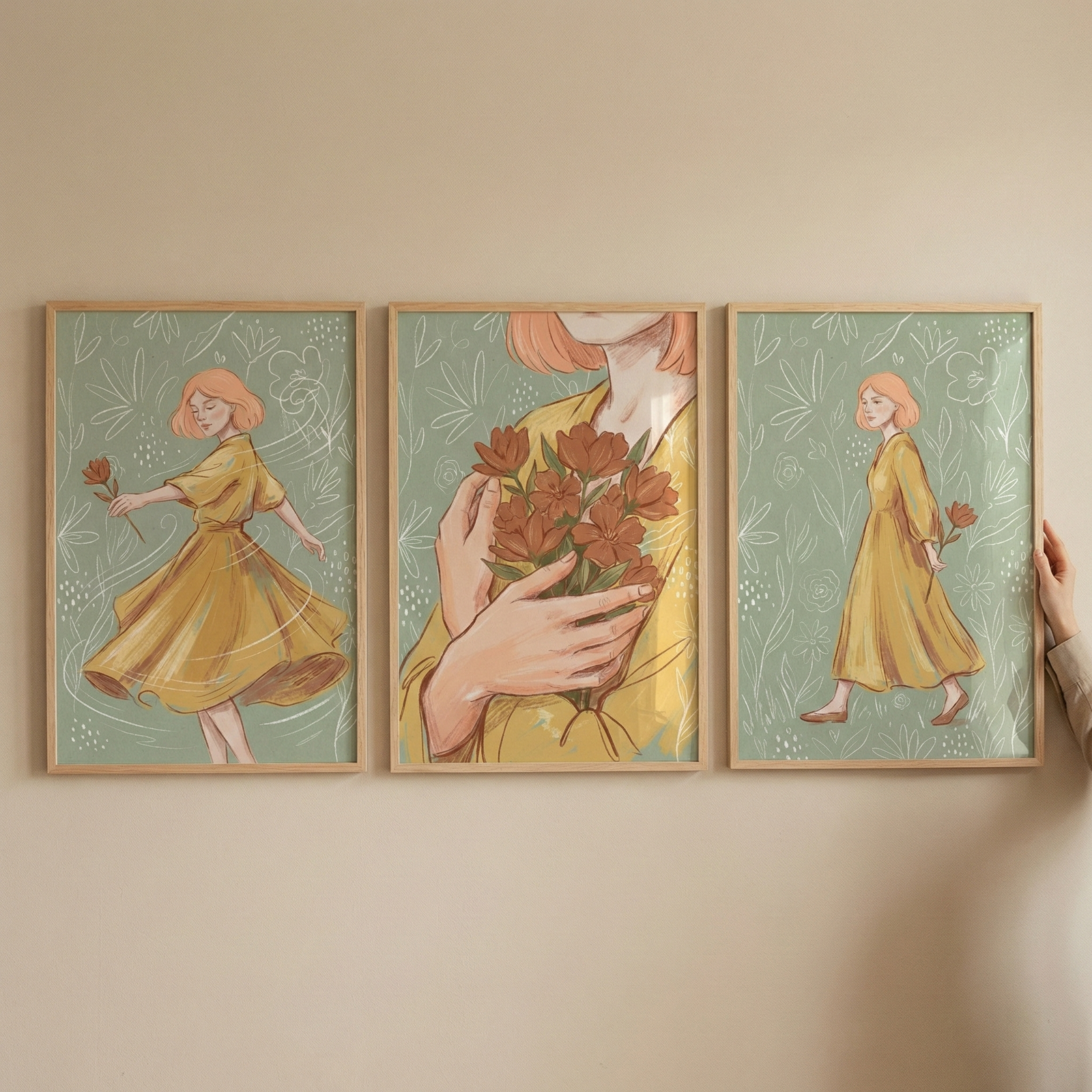 Three framed illustrations are arranged horizontally on a light beige wall. The artwork features a woman with short, orange-tinted hair wearing a vibrant yellow dress. In the left frame, she is shown twirling with a single red flower in hand. The center frame is a close-up of her torso as she holds a bouquet of flowers. The right frame shows her walking while holding a flower behind her back. Each piece has a light green background with white floral outlines. A hand holds the side of the right frame.