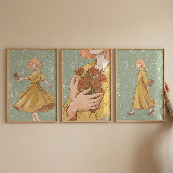Three framed illustrations are arranged horizontally on a light beige wall. The artwork features a woman with short, orange-tinted hair wearing a vibrant yellow dress. In the left frame, she is shown twirling with a single red flower in hand. The center frame is a close-up of her torso as she holds a bouquet of flowers. The right frame shows her walking while holding a flower behind her back. Each piece has a light green background with white floral outlines. A hand holds the side of the right frame.