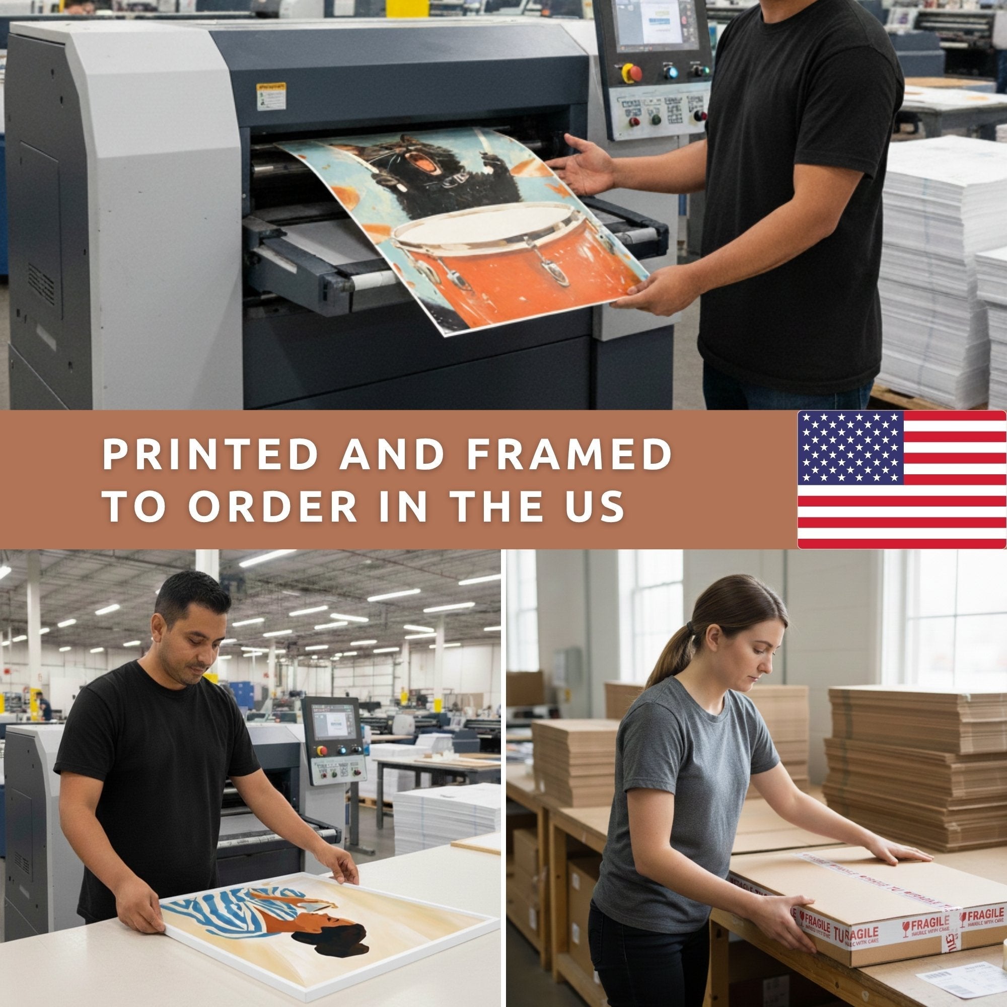 The image is a collage of three photos depicting the process of printing and framing artwork in the United States.