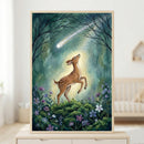 A framed illustration of a young, spotted deer looking up at a bright shooting star in a magical forest setting. The deer stands on a mossy mound surrounded by purple and blue wildflowers, while a sparkling comet streaks across a dark, ethereal night sky. Silhouette tree branches frame the top of the whimsical scene.
