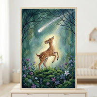 A framed illustration of a young, spotted deer looking up at a bright shooting star in a magical forest setting. The deer stands on a mossy mound surrounded by purple and blue wildflowers, while a sparkling comet streaks across a dark, ethereal night sky. Silhouette tree branches frame the top of the whimsical scene.