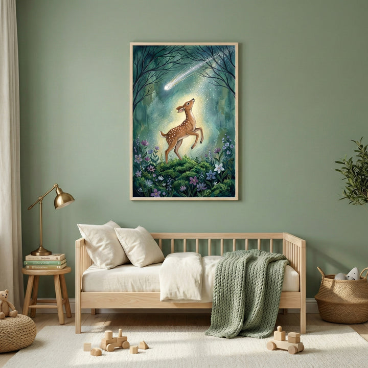 A cozy nursery featuring olive green walls and light-toned wood furniture. A wooden daybed sits in the center, adorned with cream-colored bedding and a textured green throw blanket. Above the bed hangs a large framed artwork depicting a young spotted deer standing in a moonlit forest, looking up at a bright shooting star in a starry sky. To the left is a small wooden stool with a stack of books and a gold-colored lamp. On the white rug in front of the bed are several wooden toys, while a woven storage baske