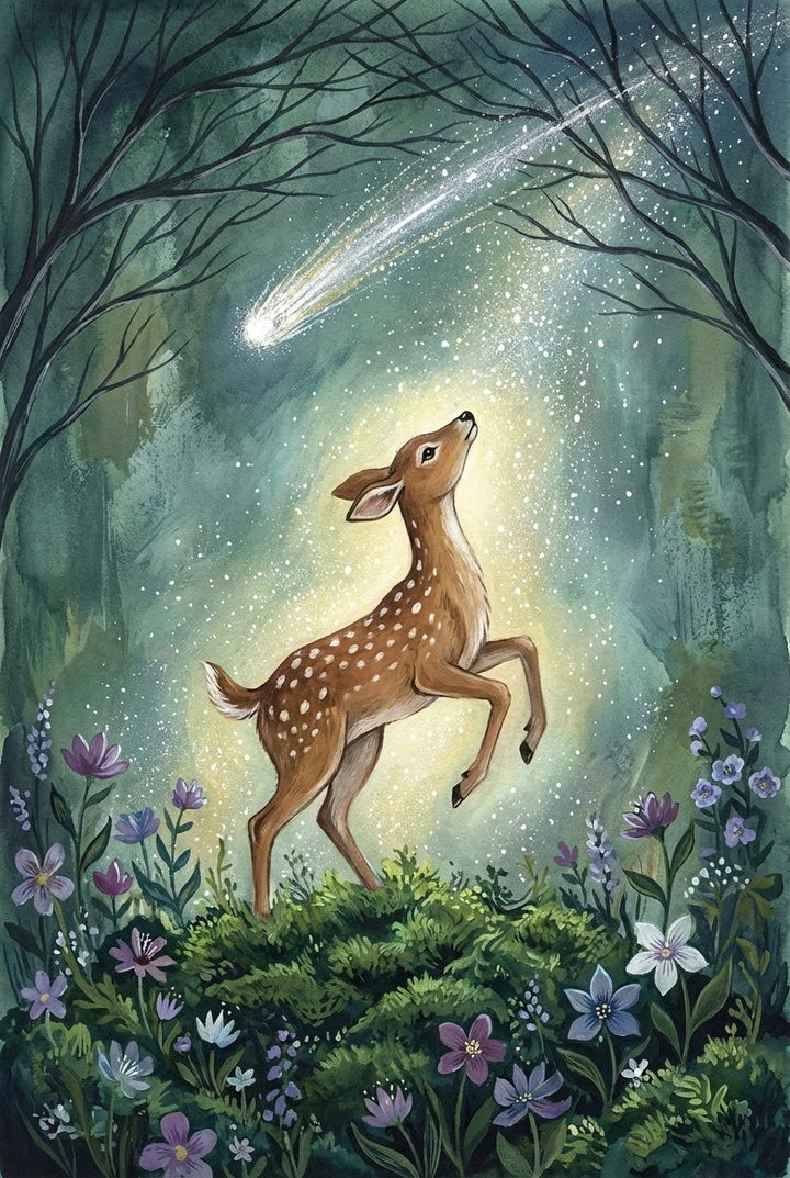 Whimsical watercolor illustration of a baby deer standing on its hind legs in a magical forest clearing, surrounded by colorful wildflowers and lush greenery. The fawn gazes upward in awe at a glowing shooting star streaking across the twilight sky, leaving a sparkling trail. The scene is filled with light, wonder, and a dreamlike atmosphere, evoking a sense of enchantment and innocence.
