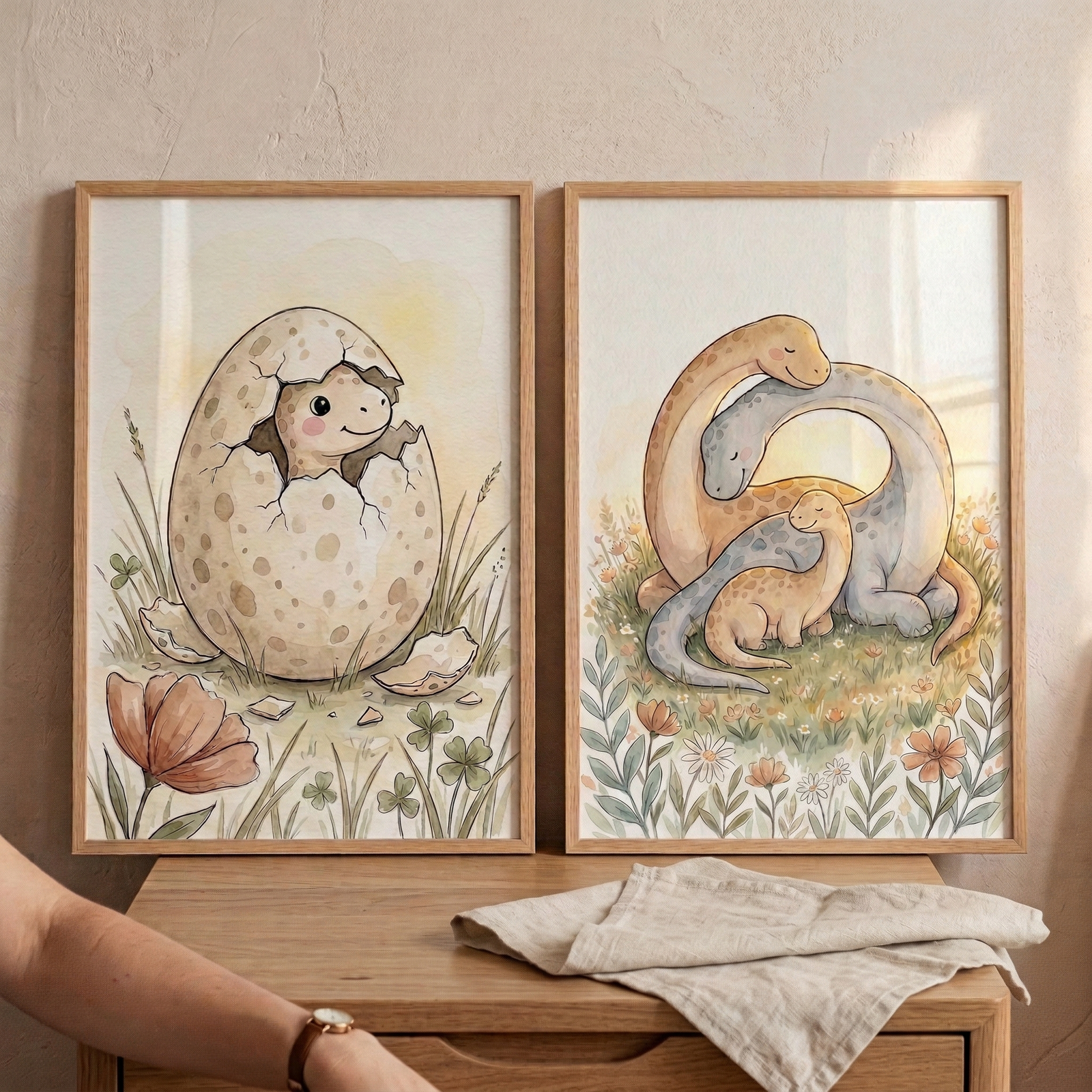 Two framed illustrations sit on a wooden dresser. On the left, a cute baby long-necked dinosaur hatches from a spotted egg in a grassy field with a large flower. On the right, a family of three long-necked dinosaurs huddles together lovingly in a flowery meadow. Both artworks feature soft, warm tones and a whimsical, hand-drawn style. A person's arm with a watch and a folded light-colored cloth are also visible against a neutral wall.