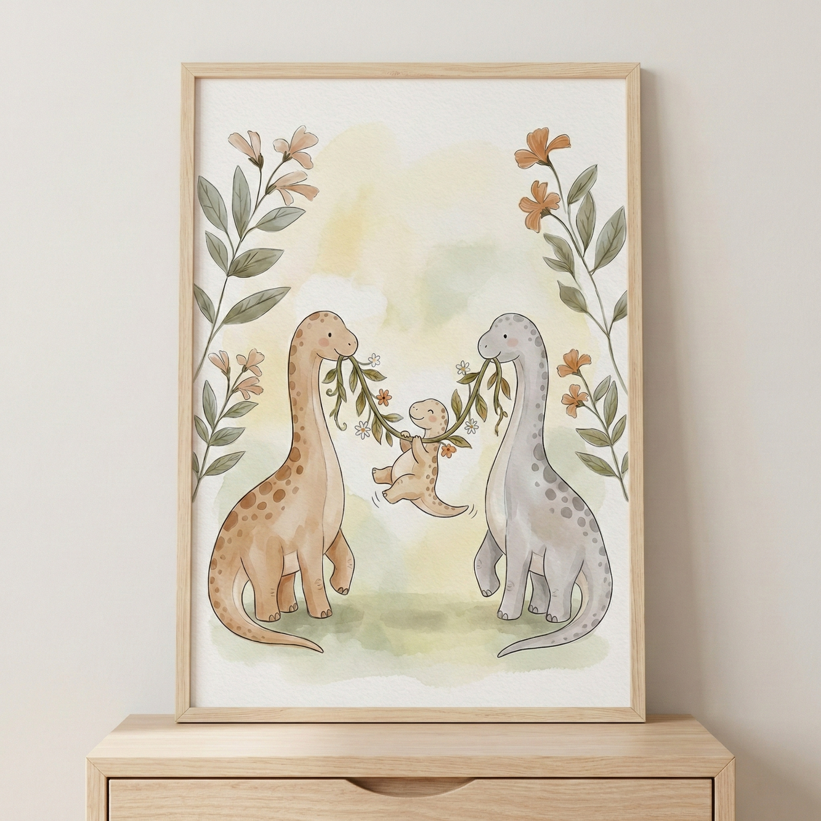 A framed watercolor-style illustration featuring a dinosaur family. Two large long-necked dinosaurs, one tan and one grey, face each other while holding a flowering vine in their mouths. A small baby dinosaur swings playfully from the center of the vine. The scene is bordered by delicate floral branches and set against a soft, muted background. The artwork is displayed in a light wood frame sitting atop a wooden dresser against a plain wall.