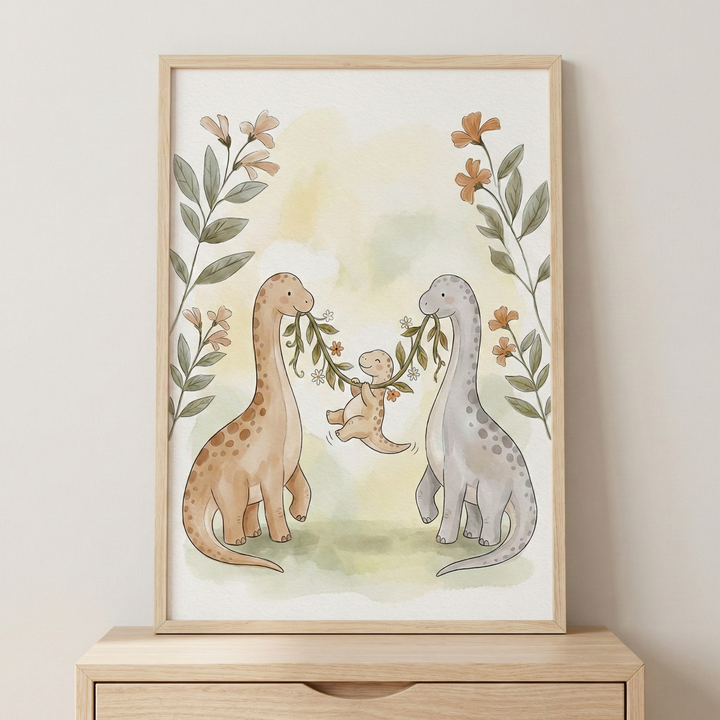 A framed watercolor-style illustration featuring a dinosaur family. Two large long-necked dinosaurs, one tan and one grey, face each other while holding a flowering vine in their mouths. A small baby dinosaur swings playfully from the center of the vine. The scene is bordered by delicate floral branches and set against a soft, muted background. The artwork is displayed in a light wood frame sitting atop a wooden dresser against a plain wall.