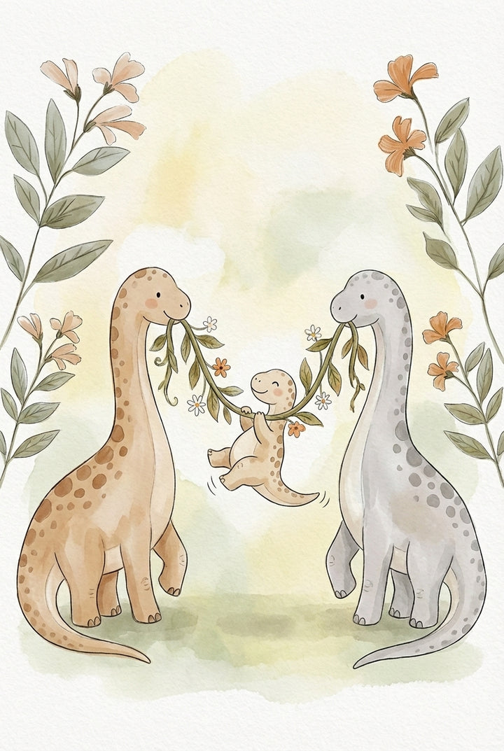Two adult dinosaurs hold a leafy garland in their mouths, swinging their smiling baby in the middle. Orange flowers and greenery frame the cheerful scene.
