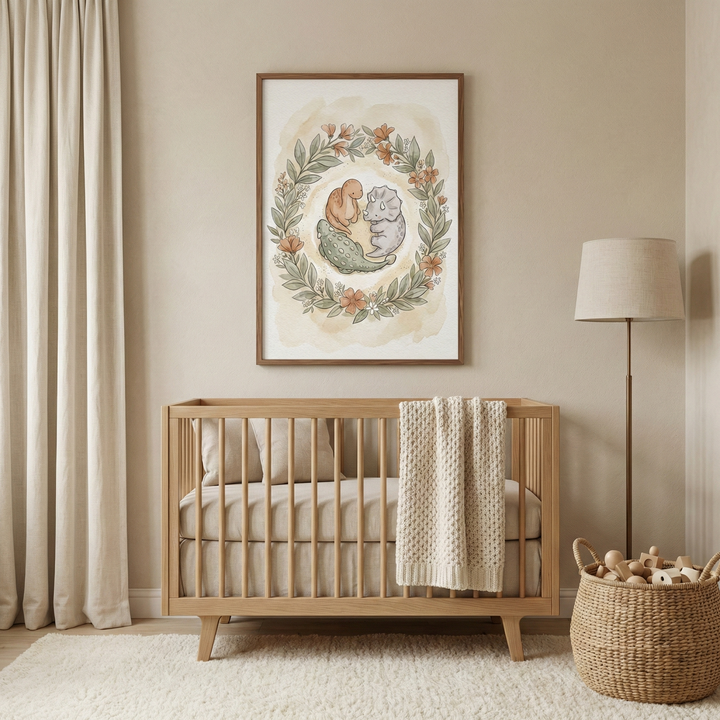 A serene, neutral-toned nursery featuring a light wood crib centered against a beige wall. Above the crib hangs a framed illustration depicting three cute cartoon dinosaurs encircled by a floral and leafy wreath. A cream-colored textured blanket is draped over the crib's railing. To the right, a floor lamp with a beige shade stands next to a woven basket filled with wooden toys. Floor-to-ceiling cream curtains hang on the left, and a soft, plush rug covers the floor.