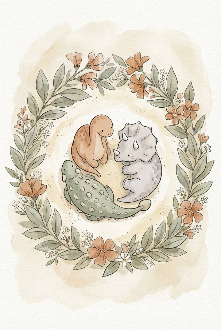  Soft watercolor illustration of three baby dinosaurs—a brown sauropod, a gray triceratops, and a green ankylosaurus—sitting together in a circle surrounded by a wreath of orange flowers and green leaves.

