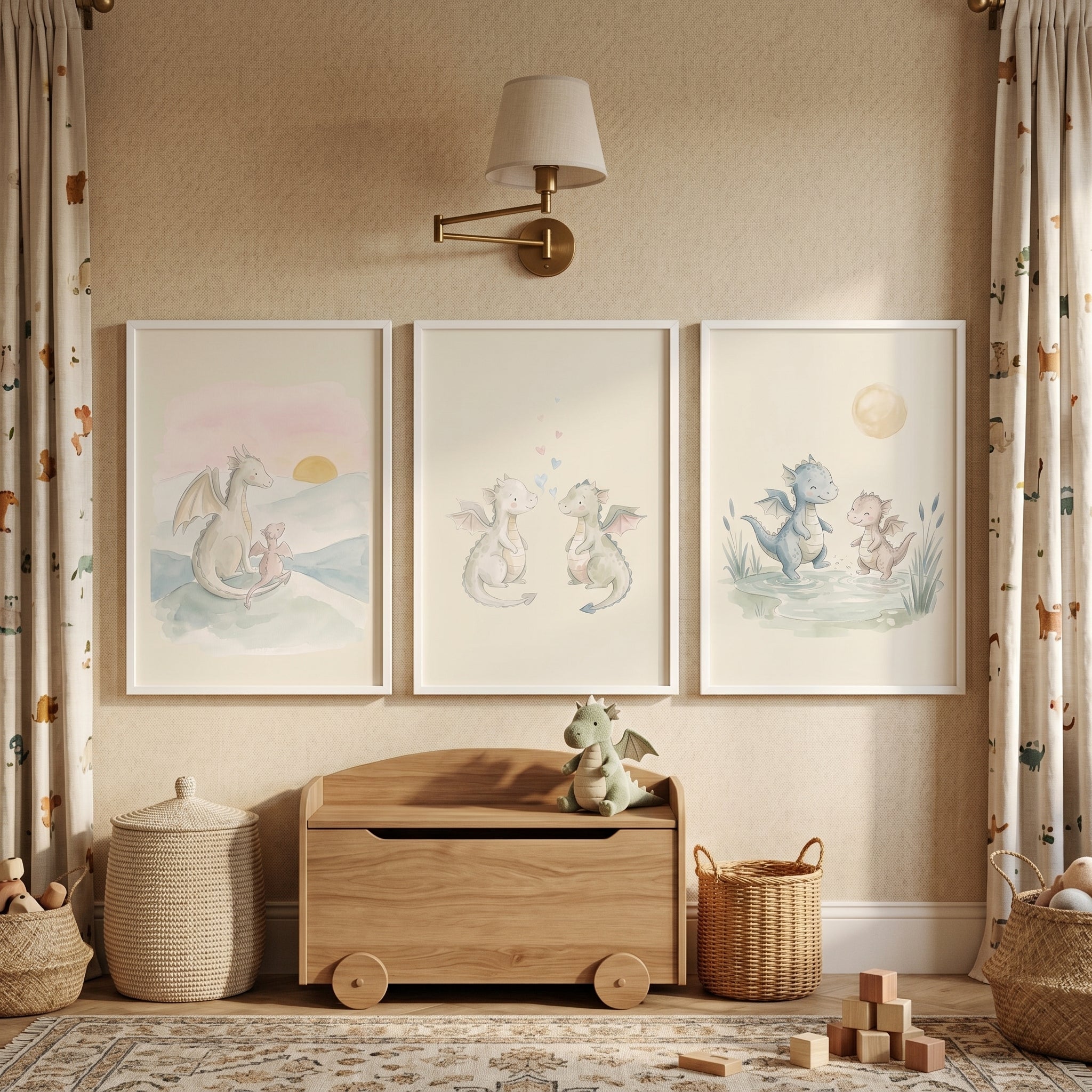 Baby Dragon Wall Art Set of 3 - Pastel Dragon Dreams