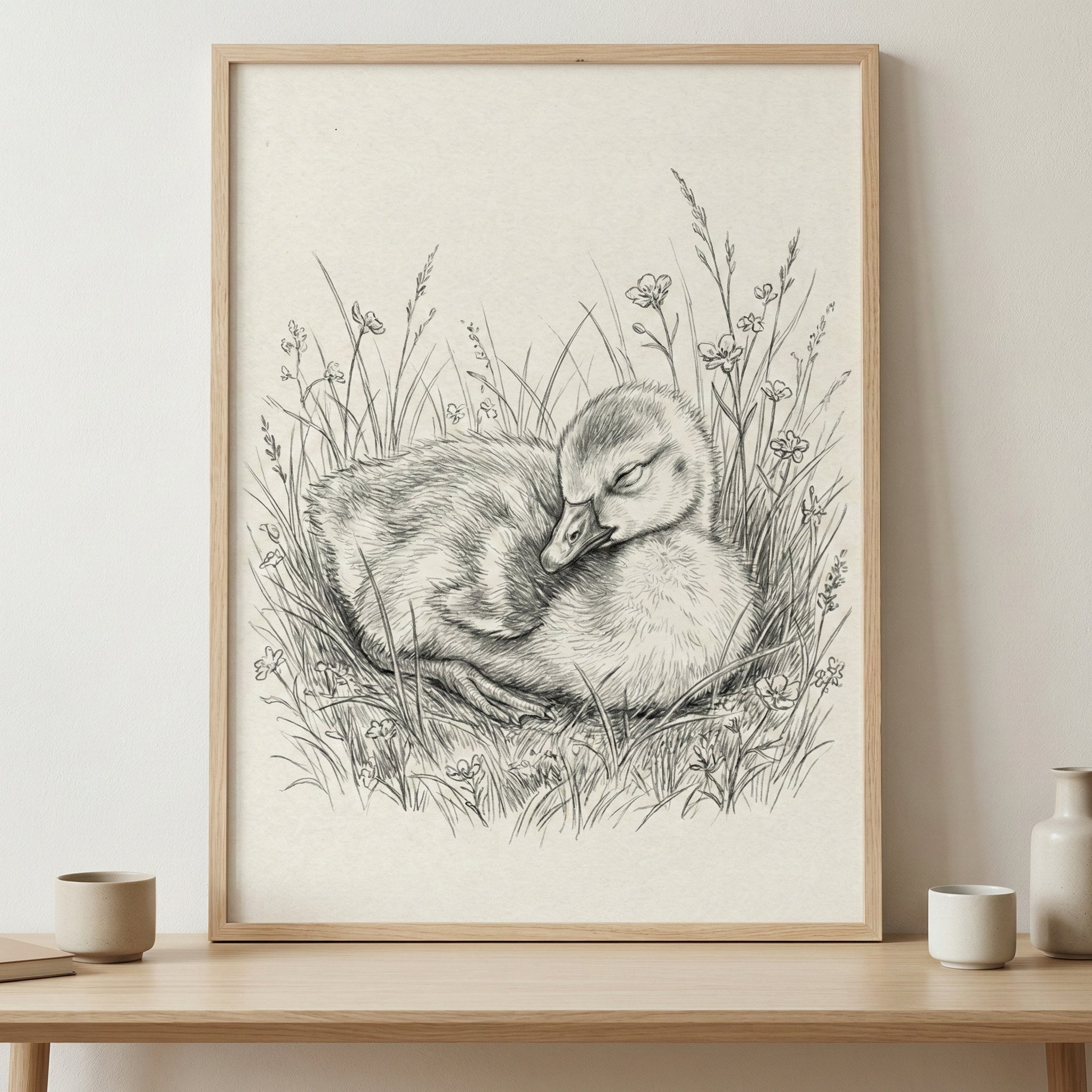 A framed black and white pencil drawing of a fluffy baby duckling nestled in tall grass and small flowers. The duckling is depicted resting with its eyes closed. The artwork is in a light-colored wooden frame, displayed on a wooden surface alongside a few small ceramic cups.