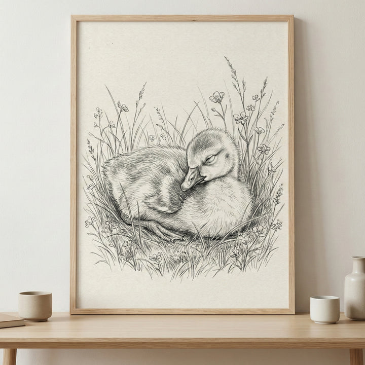 A framed black and white pencil drawing of a fluffy baby duckling nestled in tall grass and small flowers. The duckling is depicted resting with its eyes closed. The artwork is in a light-colored wooden frame, displayed on a wooden surface alongside a few small ceramic cups.