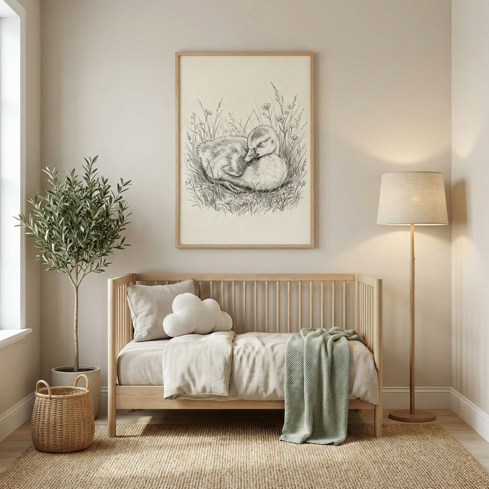 A peaceful nursery featuring a light wood crib dressed in neutral linens, a cloud-shaped pillow, and a soft green throw. Centered on the wall above the crib is a large framed charcoal drawing of a baby bird sleeping in a nest of grass. To the left, a tall potted plant and a small wicker basket sit on a textured natural rug. A floor lamp with a linen shade stands in the corner on the right against light beige walls.