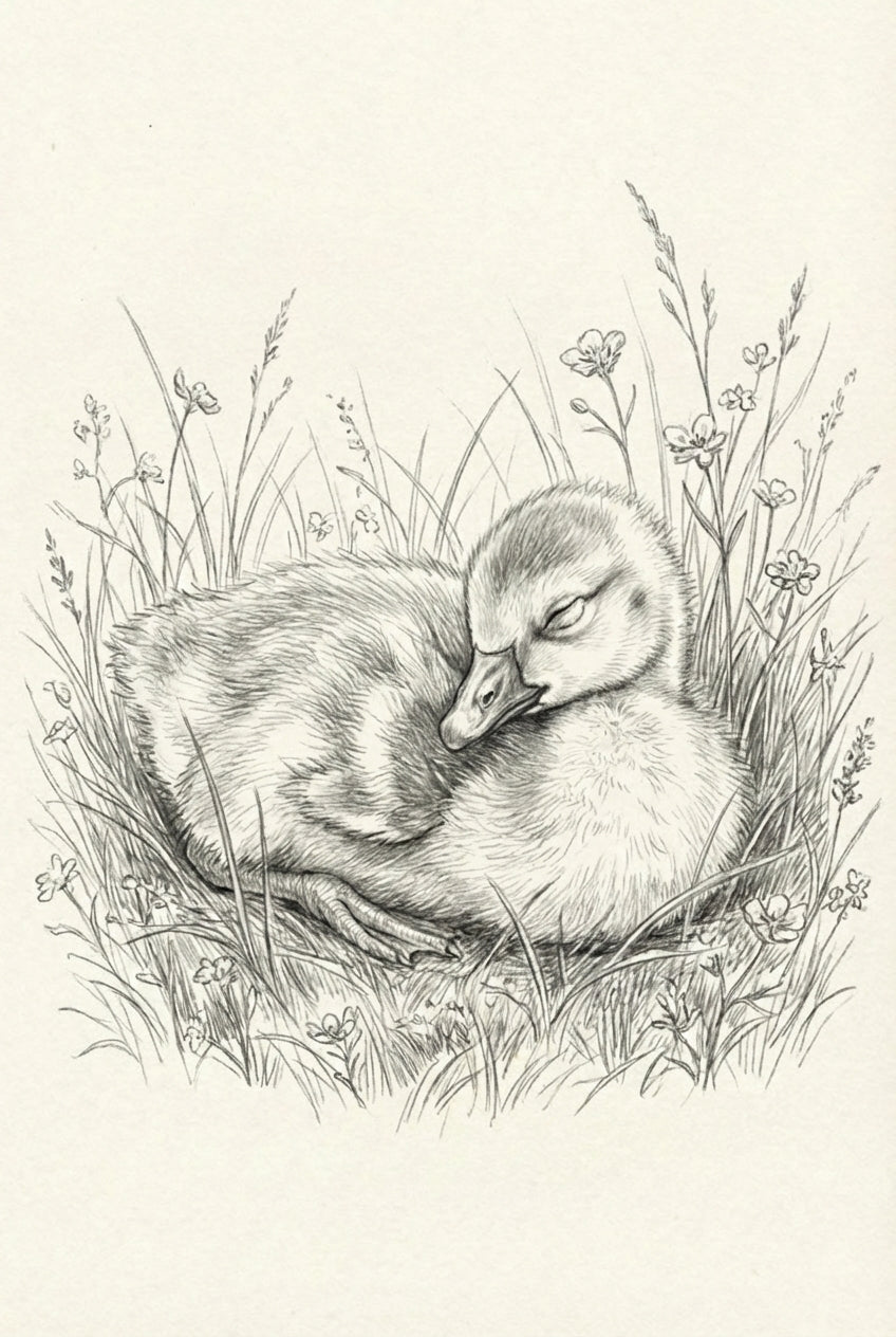Pencil drawing of a fluffy duckling curled up and sleeping in a patch of wild grass and small flowers, with its beak tucked gently under its wing.
