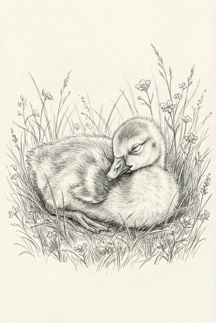 Pencil drawing of a fluffy duckling curled up and sleeping in a patch of wild grass and small flowers, with its beak tucked gently under its wing.
