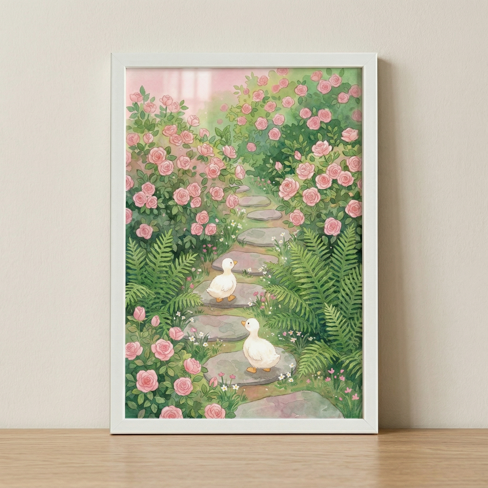 An illustration within a white frame depicts a serene garden scene. A path of grey stepping stones winds through a lush landscape of pink rose bushes and tall, green ferns. Two small, white ducks walk along the path, one slightly ahead of the other. The top of the image features a soft, ethereal light in shades of pink and white, giving the scene a dreamy, sun-dappled appearance. The artwork has a gentle, whimsical style with soft textures and delicate colors. 