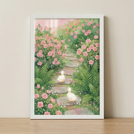 An illustration within a white frame depicts a serene garden scene. A path of grey stepping stones winds through a lush landscape of pink rose bushes and tall, green ferns. Two small, white ducks walk along the path, one slightly ahead of the other. The top of the image features a soft, ethereal light in shades of pink and white, giving the scene a dreamy, sun-dappled appearance. The artwork has a gentle, whimsical style with soft textures and delicate colors. 