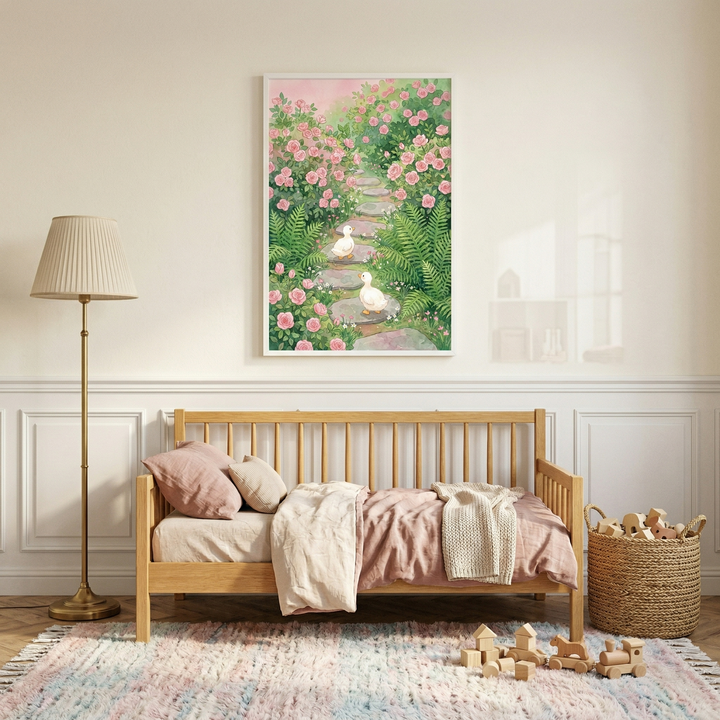 A serene and cozy children's bedroom styled with a gentle cottagecore aesthetic. The center of the room features a light-colored natural wood spindle daybed, dressed in soft pink and cream-colored bedding, including plush pillows and a textured throw blanket. Above the bed, a large vertically framed illustration hangs on the warm white wall, which is accented with classic white wainscoting. The artwork depicts two small white ducklings wandering along a stone path through a lush garden filled with blooming.