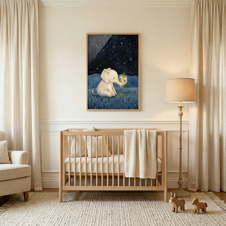 A peaceful nursery in neutral tones features a light-colored wooden crib. Above it hangs a framed illustration of a small white elephant in a starry night landscape, looking at a glowing object. To the right, a floor lamp with a beige shade stands near two small wooden toy horses on a textured rug. A portion of a beige chair is visible on the left. Long, cream-colored curtains frame the room, creating a soft and airy atmosphere.