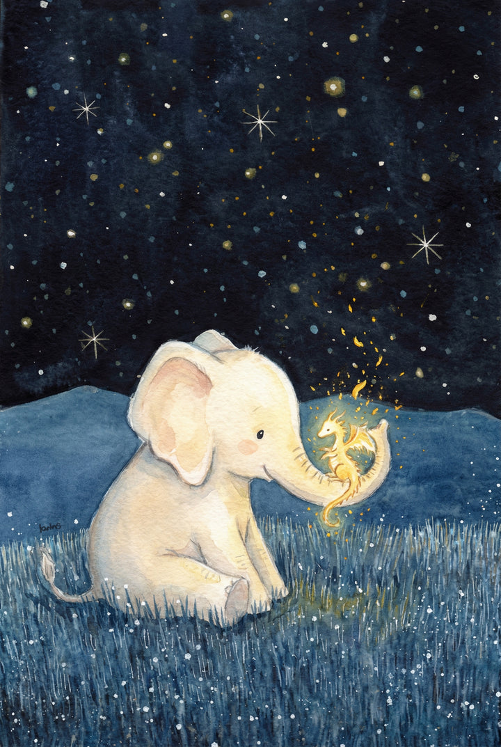 Whimsical wall art print of a pale baby elephant sitting in deep blue grass under a star filled night sky. A tiny glowing golden dragon perches on the elephants trunk and scatters warm sparks into the air. Soft blue hills in the background give the scene a dreamy magical bedtime feel.
