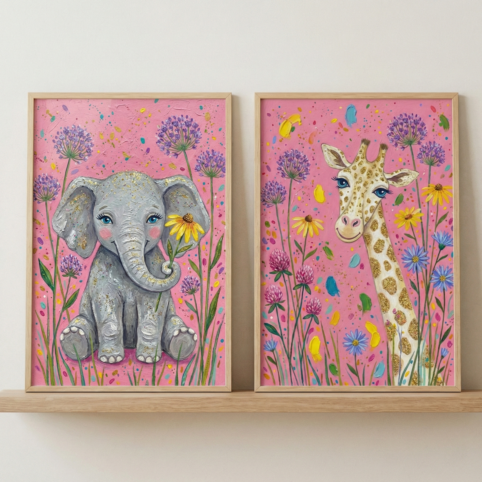 Two colorful framed illustrations of baby animals are displayed side-by-side on a light wooden shelf. On the left, a cute grey elephant with large, expressive blue eyes and rosy cheeks sits amidst tall purple and yellow flowers. The elephant holds a small yellow flower in its trunk against a vibrant pink background speckled with colorful dots. On the right, a giraffe with a friendly face and golden spots is surrounded by an assortment of pink, blue, and yellow wildflowers. 