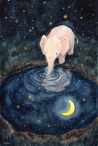 Whimsical wall art print of a pale pink baby elephant standing beside a dark blue pond at night with its trunk touching the water and making soft ripples. Tiny stars glow overhead and a yellow crescent moon shines in the pond reflection, giving the scene a dreamy bedtime story feel.
