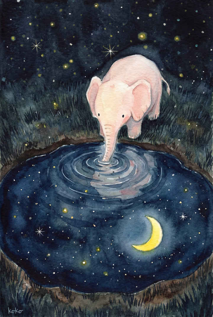 A whimsical watercolor-style illustration of a small, pale pink baby elephant standing at the edge of a circular pond at night. The elephant dips its trunk into the dark water, creating soft ripples that distort the reflection of a bright yellow crescent moon and twinkling stars. The surrounding ground is covered in dark, tufted grass. Above, the deep indigo sky is filled with numerous stars and glowing yellow spots. The scene has a dreamy, gentle atmosphere with soft textures throughout.