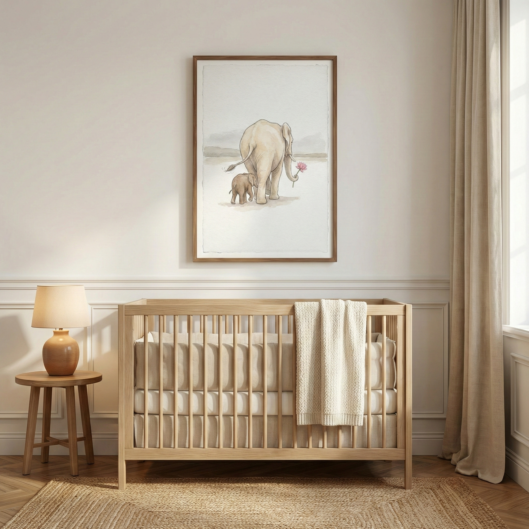 A serene nursery features a light-colored wooden crib with neutral bedding and a white knit blanket. Above the crib, a framed artwork depicts a large elephant and a baby elephant walking together, with the adult elephant holding a pink flower in its trunk. To the left is a small wooden side table with a lit lamp, and on the right are floor-length beige curtains. The room has light-colored walls and a large, textured rug on a wooden floor.