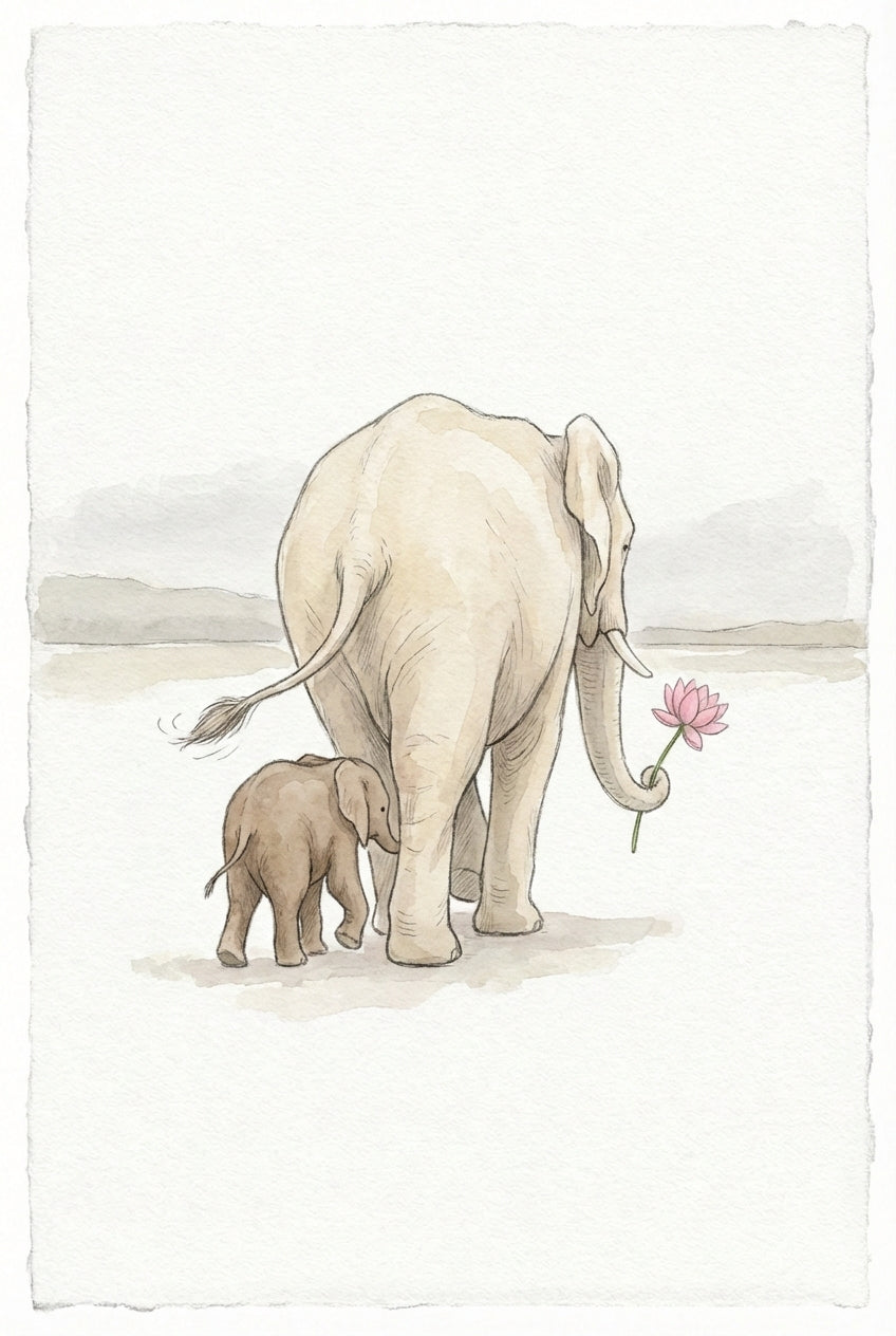 A gentle watercolor-style illustration of two elephants seen from behind, walking across a minimalist landscape. A large, pale cream-colored adult elephant leads the way, holding a single pink lotus flower in its trunk. Beside its back leg walks a small, brownish calf. The background consists of a soft horizon line and hazy mountain silhouettes under a pale, muted sky. The artwork is presented on a textured, off-white background with deckled edges, creating a peaceful atmosphere.