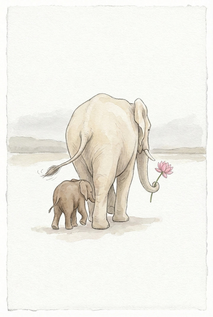A gentle watercolor-style illustration of two elephants seen from behind, walking across a minimalist landscape. A large, pale cream-colored adult elephant leads the way, holding a single pink lotus flower in its trunk. Beside its back leg walks a small, brownish calf. The background consists of a soft horizon line and hazy mountain silhouettes under a pale, muted sky. The artwork is presented on a textured, off-white background with deckled edges, creating a peaceful atmosphere.