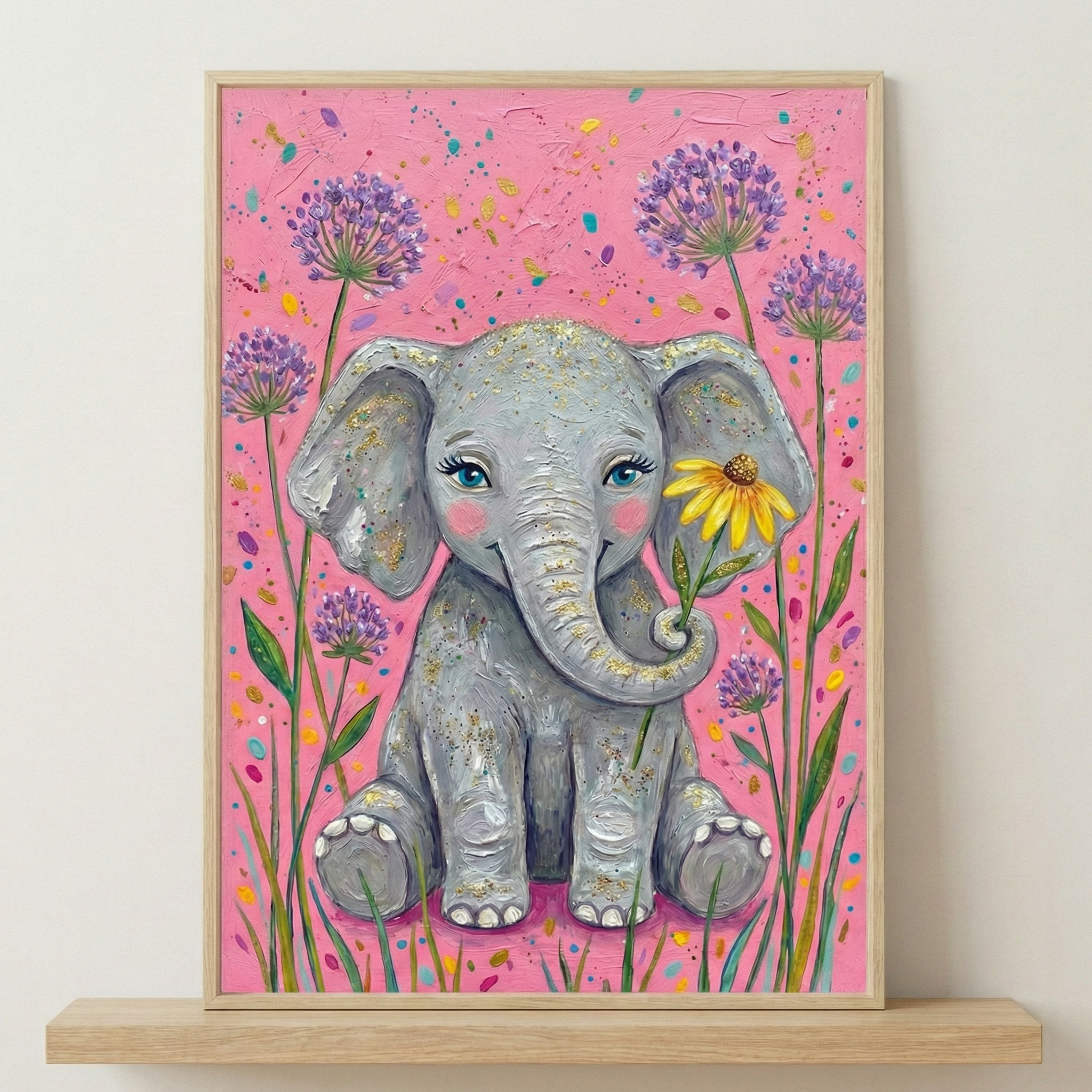 A vertical piece of whimsical art depicts a cute, light grey baby elephant sitting in the center. The elephant features gold shimmering accents, large blue eyes with long lashes, and rosy cheeks. It holds a yellow flower in its trunk. The background is a vibrant, textured pink with colorful splatters. Tall, stylized purple flowers on green stems surround the elephant. The piece is in a light wood frame and rests on a wooden shelf against a plain wall.