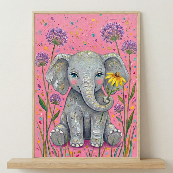 A vertical piece of whimsical art depicts a cute, light grey baby elephant sitting in the center. The elephant features gold shimmering accents, large blue eyes with long lashes, and rosy cheeks. It holds a yellow flower in its trunk. The background is a vibrant, textured pink with colorful splatters. Tall, stylized purple flowers on green stems surround the elephant. The piece is in a light wood frame and rests on a wooden shelf against a plain wall.