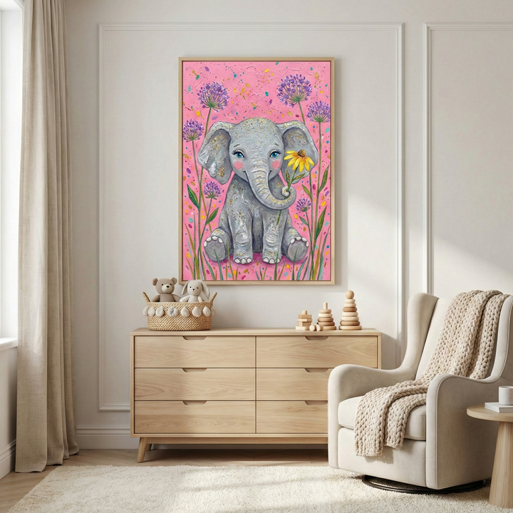 A bright and airy child's room features a centrally hung framed artwork. The illustration shows a whimsical grey baby elephant with rosy cheeks holding a single yellow flower in its trunk, set against a vibrant pink background with purple floral accents. Below, a light wood six-drawer dresser holds a woven basket with two stuffed toys and several wooden stacking rings. To the right, a plush cream armchair is draped with a knitted throw, all set in a room with white paneled walls.