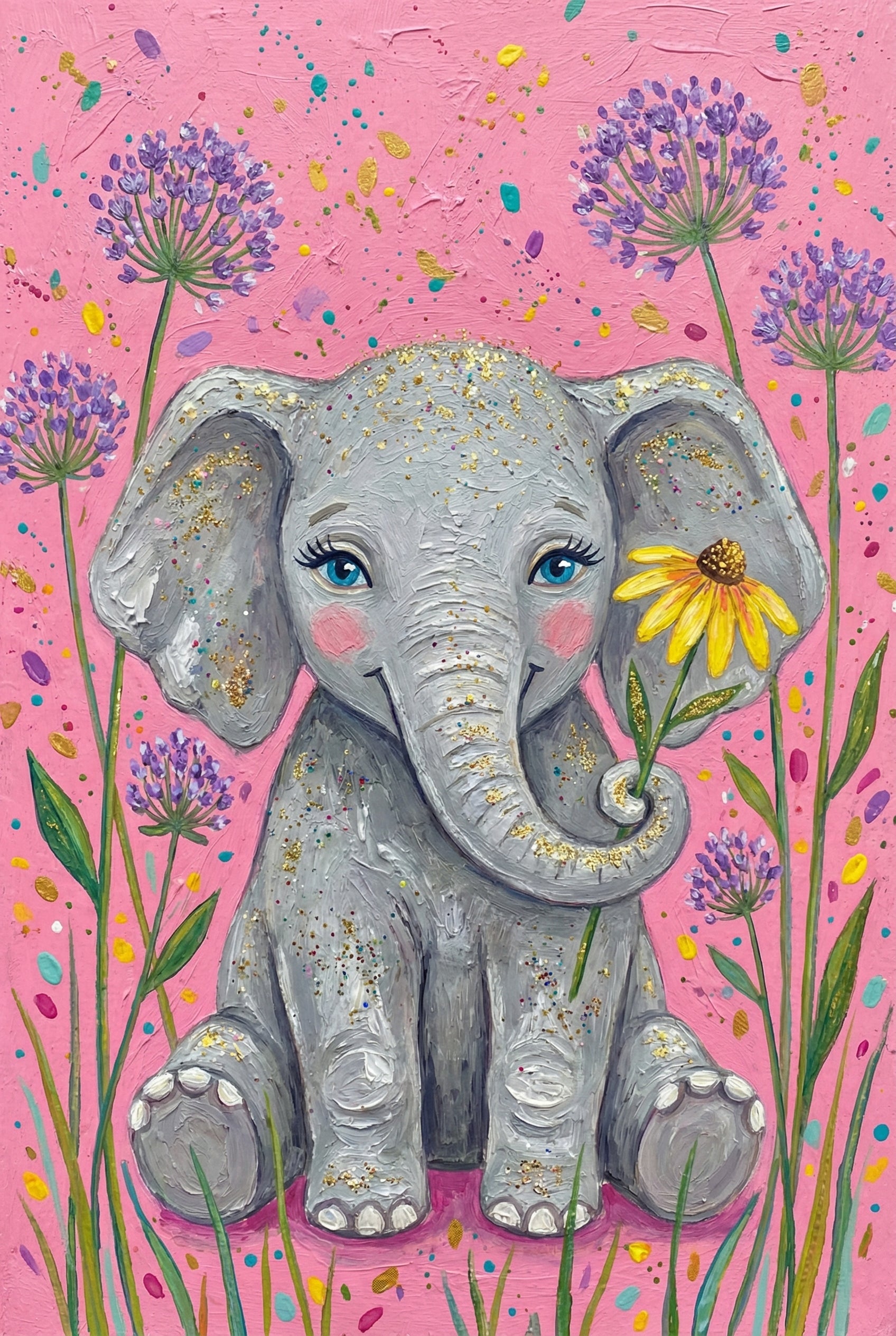 Cute gray elephant with blue eyes and sparkly gold highlights sits among purple allium flowers on a pink background. It holds a yellow daisy in its curled trunk and blushes sweetly.