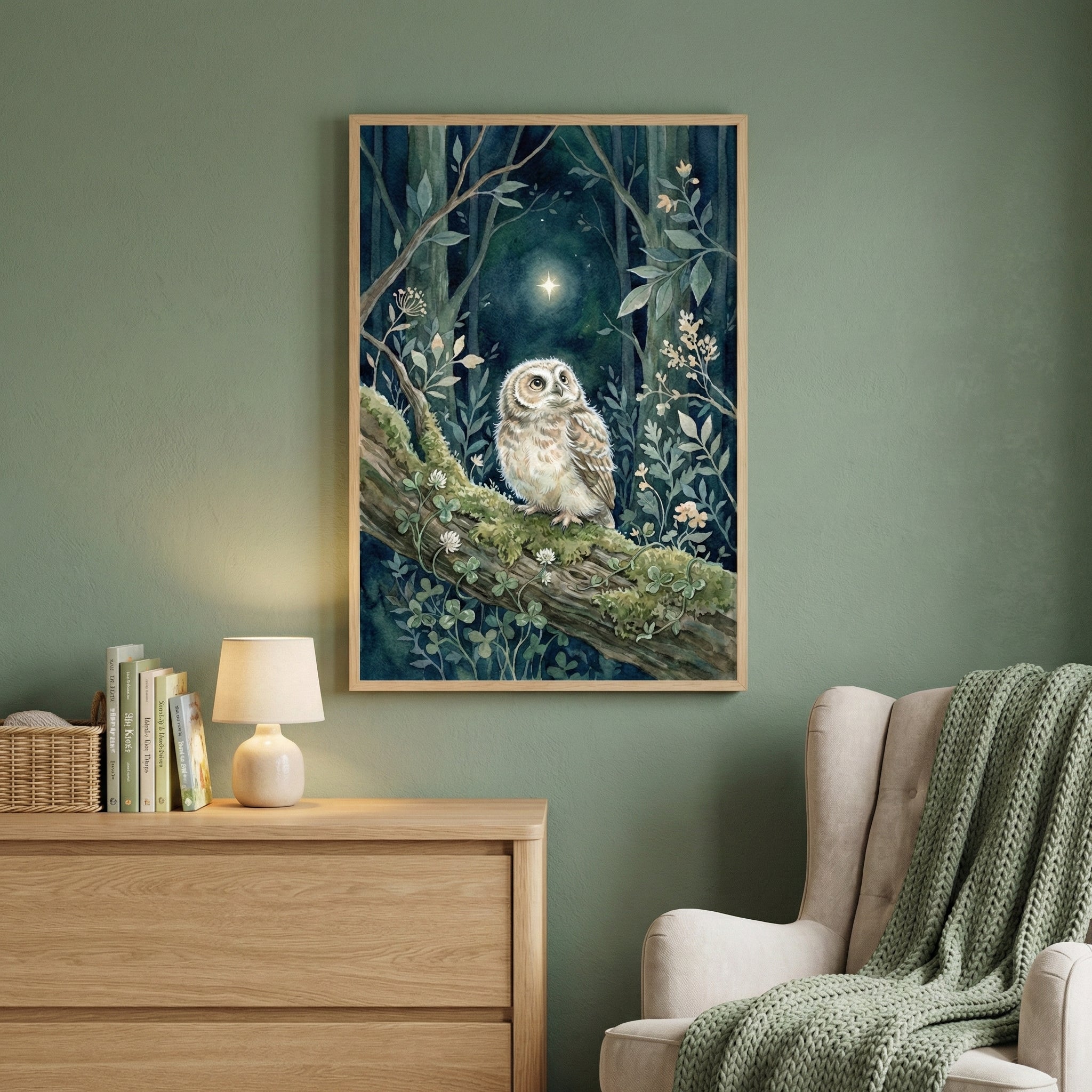 A framed vertical illustration hangs on a sage green wall in a cozy room setting. The artwork depicts a small, fluffy owl perched on a mossy tree branch in a dark, whimsical forest at night. The owl looks upward toward a single bright star shining in the deep blue sky. Surrounding the owl are delicate leaves, ferns, and small white flowers. Below the artwork sits a light wood dresser holding a small white lamp, a row of books, and a woven basket. To the right, a beige armchair is draped with a textured gree
