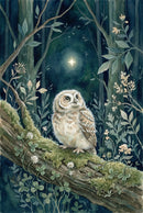 A whimsical watercolor illustration of a small, fluffy young owl perched on a mossy log in a deep, dark forest. The owl gazes upward with large, curious eyes at a single, bright, four-pointed star shining in the night sky. The scene is filled with delicate green foliage, small white flowers, and soft, muted tones of blue and green, creating a magical and peaceful atmosphere.