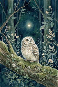 A whimsical watercolor illustration of a small, fluffy young owl perched on a mossy log in a deep, dark forest. The owl gazes upward with large, curious eyes at a single, bright, four-pointed star shining in the night sky. The scene is filled with delicate green foliage, small white flowers, and soft, muted tones of blue and green, creating a magical and peaceful atmosphere.
