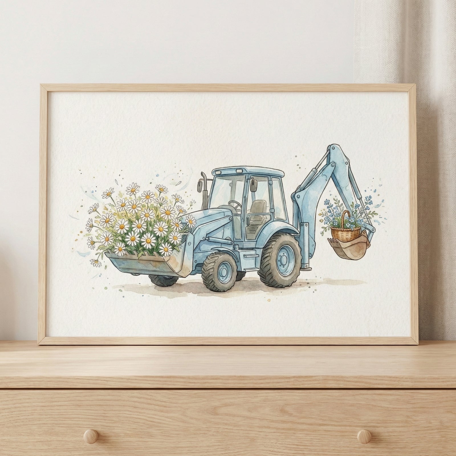 Watercolor illustration of a blue backhoe carrying a large bunch of white daisies in its front loader and a wicker basket filled with blue and yellow flowers in the rear bucket. Framed print displayed on a wooden dresser with a soft, neutral background.