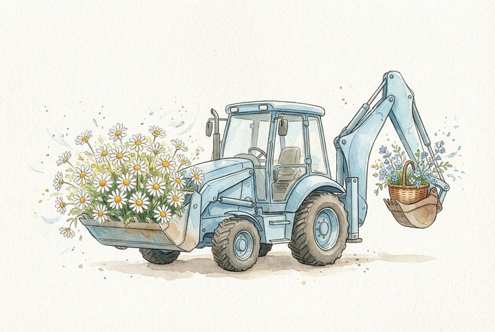 Watercolor illustration of a light blue backhoe with its front loader filled with blooming white daisies and its rear bucket gently cradling a wicker basket of blue wildflowers. The playful scene blends construction machinery with delicate floral elements in a whimsical contrast.